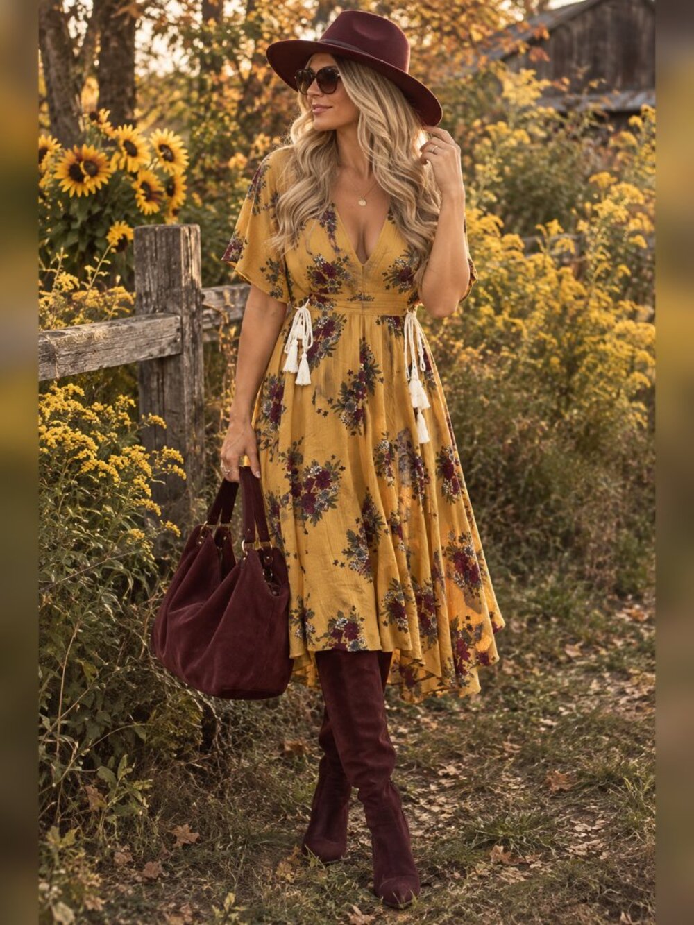 Mustard Yellow Floral Midi Dress Deep V Neck Tasseled Waist Boho Fall large